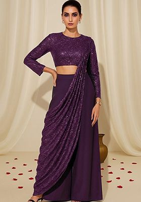 Purple Sequin Embellished Georgette Fusion Set