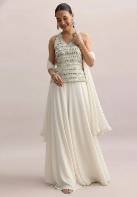 Off White Sequin Embroidery Georgette Fusion Set