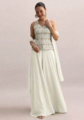 Cream Sequin Embroidery Georgette Fusion Set