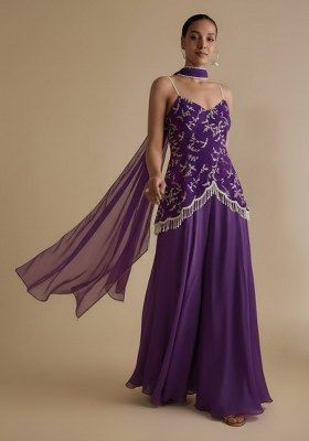 Purple Crepe Fusion Set With Embroidered Blouse