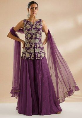 Wine Purple Floral Print Crepe Fusion Set