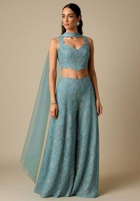 Blue Embroidered Net Fusion Set