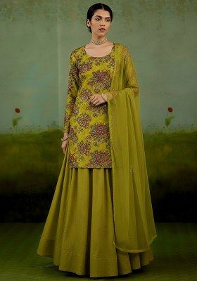Olive Green Floral Print Organza Sharara Set