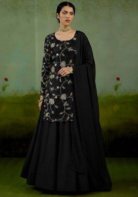 Black Embroidered Silk Sharara Set