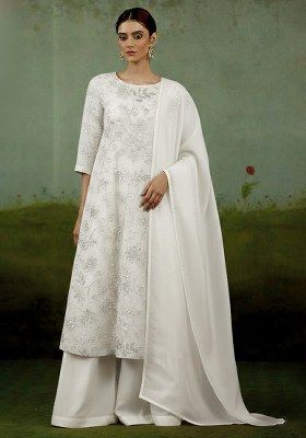 Off White Embroidered Poly Blend Kurta Set