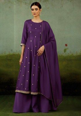 Royal Purple Embroidered Crepe Kurta Set