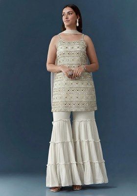 Off White Sequin Work Georgette Sharara Set