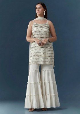 Off White Sequin Work Georgette Sharara Set