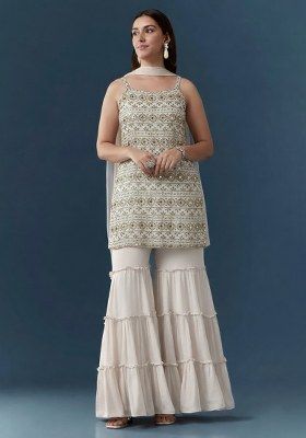 Off White Sequin Work Georgette Sharara Set