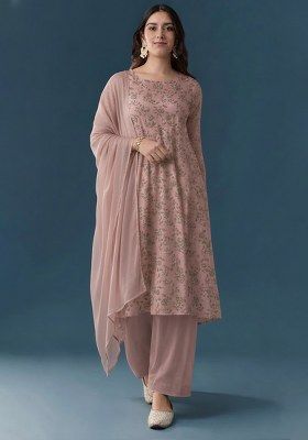 Dusty Rose Floral Print Linen Kurta Set