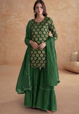 Green Jacquard Brocade Sharara Set