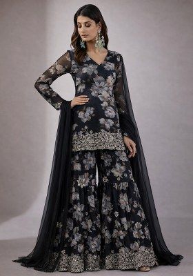 Midnight Black Floral Print Chinon Sharara Set