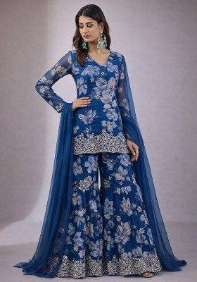 Teal Blue Floral Print Chinon Sharara Set