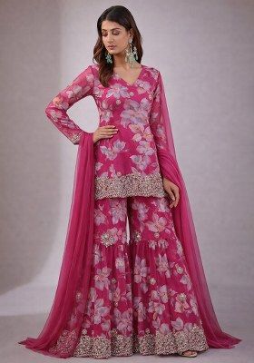 Rani Pink Floral Print Chinon Sharara Set