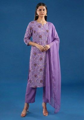 Lavender Silk Kurta Set With Embroidered Blouse