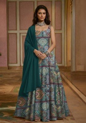 Teal Printed Crepe Anarkali Set