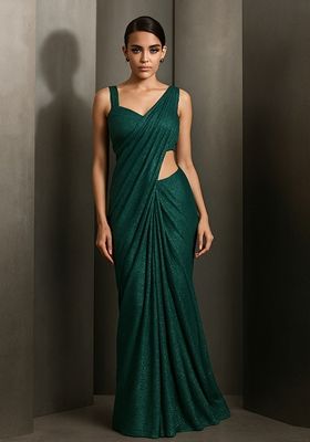 Green Glitter Pre Draped Saree Set