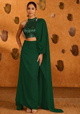 Emerald Green Net Pre Draped Saree Set With Sequin Embellishment Blouse