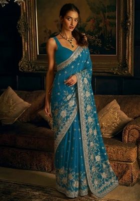 Peacock Teal Sequin Embroidery Crepe Pre Draped Saree Set