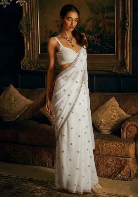 Ivory Sequin Embroidery Crepe Pre Draped Saree Set