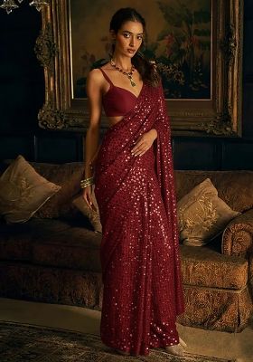 Rich Maroon Sequin Work Net Pre Draped Saree Set