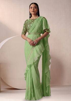 Mint Green Net Ruffle Saree With Sequin Embroidery Blouse