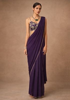 Deep Purple Crepe Pre Draped Saree Set With Embroidered Blouse