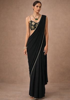 Black Solid Crepe Pre Draped Saree Set