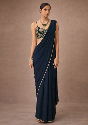 Navy Blue Solid Crepe Pre Draped Saree Set