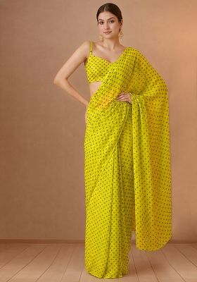 Lime Green Printed Organza Pre Draped Saree Set