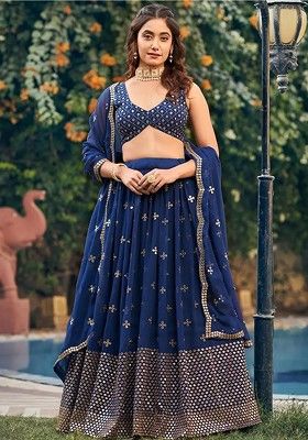 Blue Emboridered Blended Lehenga Choli