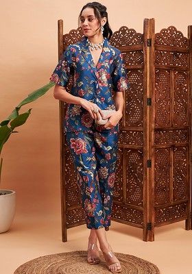 Blue Printed Poly Blend Co Ord Set