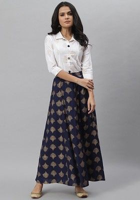 Off White Women Off White And Navy Blue Printed Shirt With Skirt