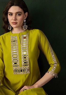 Yellow Embellished Mirror Work Roman Silk Tunic With Dhoti Pant