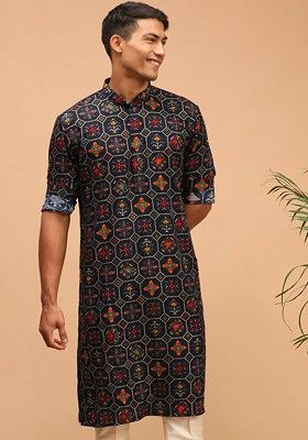Navy Blue Ethnic Motifs Cotton Kurta For Men