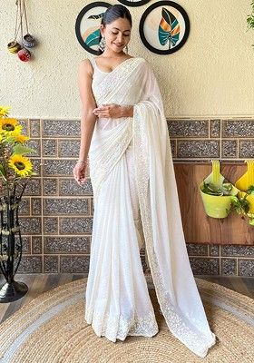 Off White Embroidered Blended Saree Set