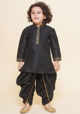Black Embroidered Silk kurta Set For Boys