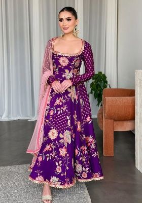Purple Embroidered Chinon Gown