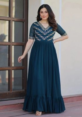 Teal Embroidery Georgette Gown