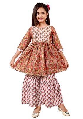 Red Printed Cotton Kurta Set For Girls