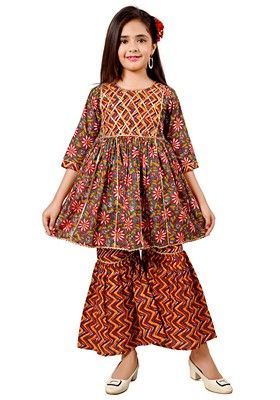 Multicolor Printed Cotton Kurta Set For Girls