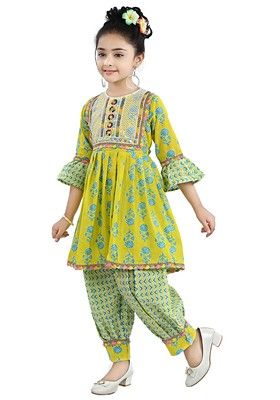 Yellow Printed Cotton Kurta Set For Girls
