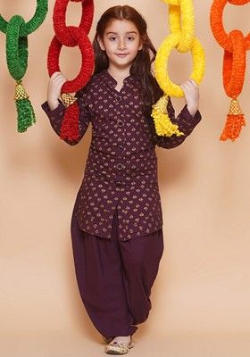 Wine Printed Rayon Kurta Set For Girls