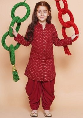 Red Printed Rayon Kurta Set For Girls