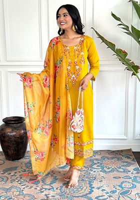 Mustard Embroidered Chanderi Silk Kurta Set With Dupatta