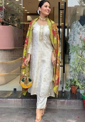 White Embroidered Jacquard Kurta Set With Dupatta