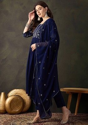 Navy Blue Zari Sequin Embroidered Kurta Set