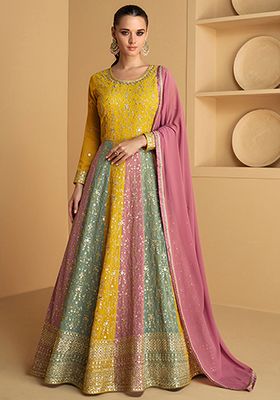 Mustard Sequin Embroidered Georgette Kurta With Dupatta