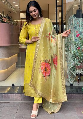 Mustard Thread Embroidered Silk Kurta Set With Dupatta