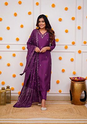 Wine Thread Embroidered Viscose Kurta Set With Dupatta
